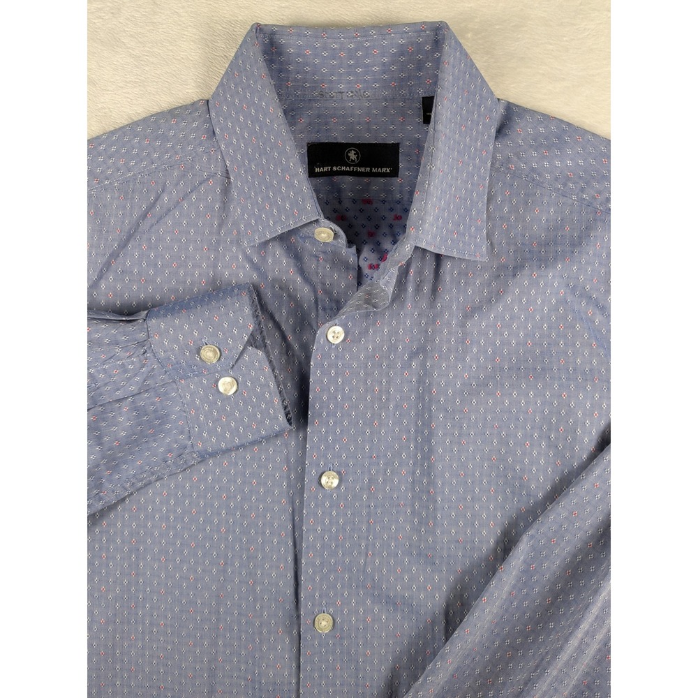 Hart Schaffner Marx Mens‎ Dress Shirt Blue Diamond Pattern Long Sleeve